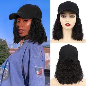 Baseball Cap Hat Wig Short Wavy Bob